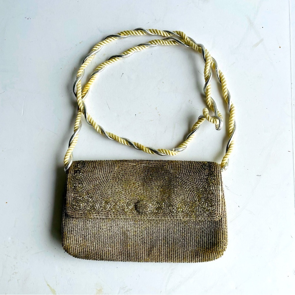 Vintage "RICHERE" Beaded Purse Evening Bag Silver Gold 1960's Hand Made in Japan